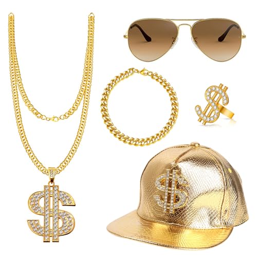JurciCat Deguisement annee 80 homme Hip hop casquette chaîne dollar doré bague lunettes de soleil 5 pièces Convient pour les fêtes de Mardi Gras et autres deguisement drole