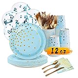 Blue and Gold Party Supplies Set - 168PCS Blue Paper Plates Disposable Dinnerware Set Dots 7