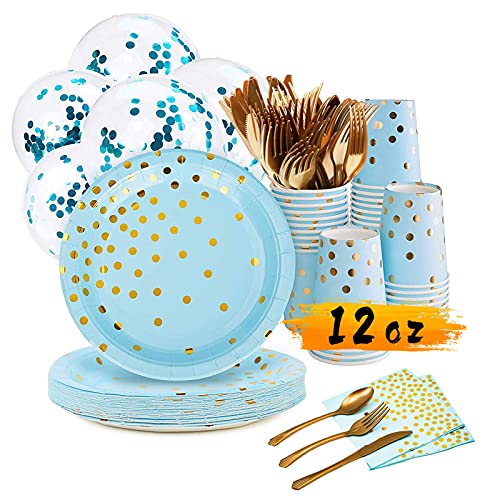 JLHT Blue and Gold Party Supplies Set - 192 PCS Disposable Dinnerware Set with 9