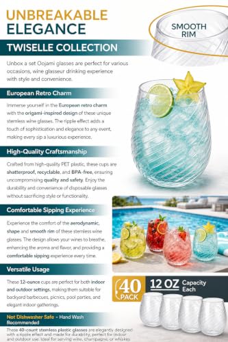 Image of Oojami 40 Pack 12 oz Disposable Wine Glasses Stemless Ribbed Plastic Cups