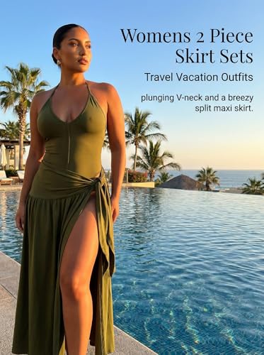 Image of Two Piece Skirt Set Women Sexy Halter Backless Bodysuit and Wrap Tied High Split Summer Maxi Skirt Set