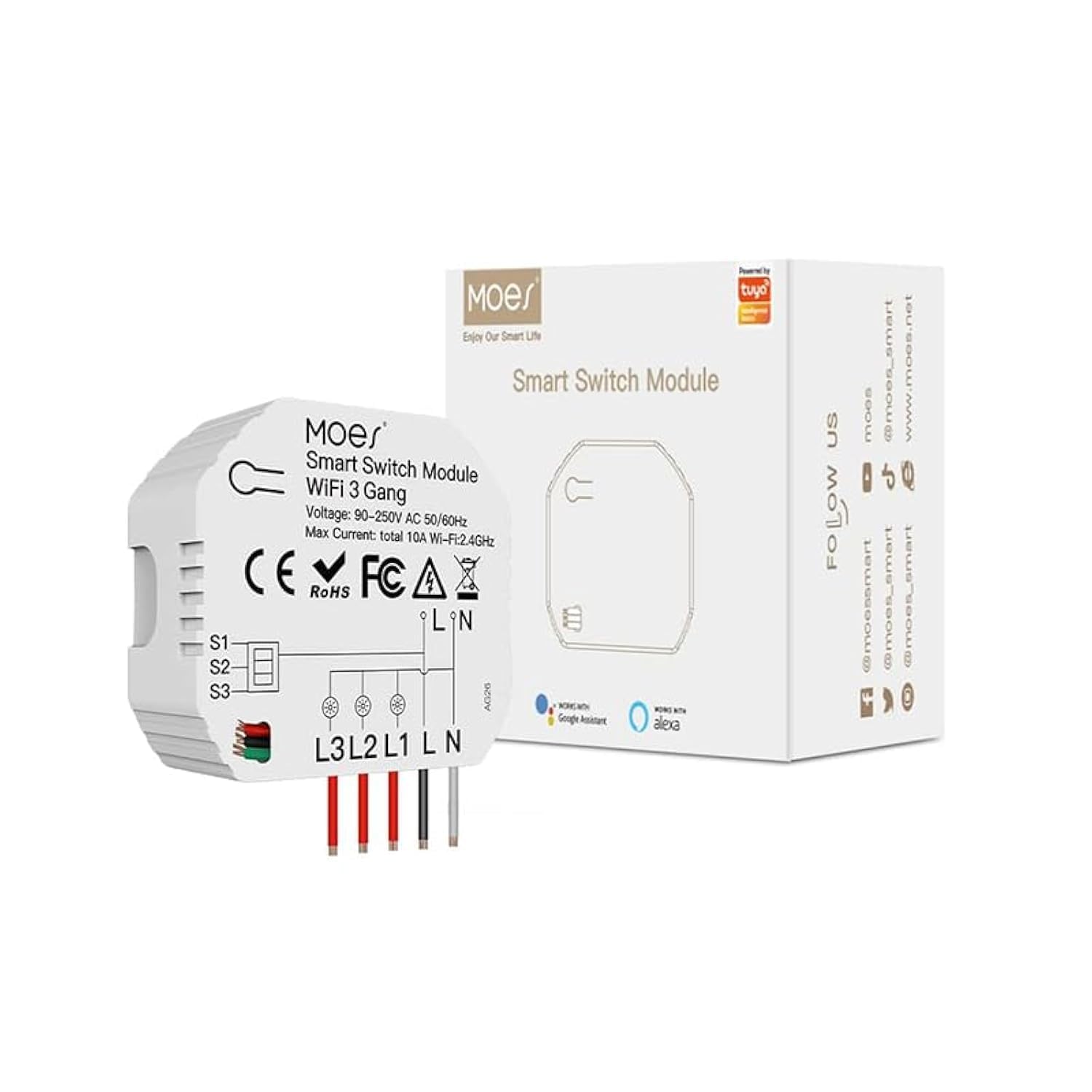 MOES WiFi Smart Alexa LED Light Switch Module, Wireless Remote Control 1 Way or 2 Way Multi-Control, Compatible with Smart Life Tuya App Alexa and Google Home, 3 Gang Only Support WiFi 2.4Ghz