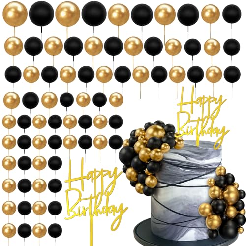 75 PCS Black and Gold Cake Decorations Balls Happy Birthday Insert Cards for DIY Cake Decoration Baby Shower Wedding Birthday Party