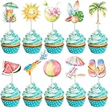 Rsstarxi サマービーチカップケーキトッパー サンビーチチェア ボールアンブレラ ヤシの木 カップケーキピック 夏ハワイテーマ 誕生日 トロピカル ルアウ パーティー ケーキデコレーション 40個パック