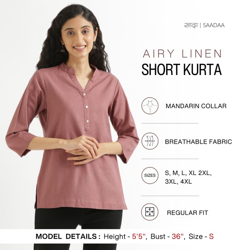 Image of SAADAA Women Short Kurti Airy Linen Regular Fit Kurta with 3 /4th Sleeves, Mandarin Collar, Side Slit Perfect for Casual, Formal, and Ethnic Wear