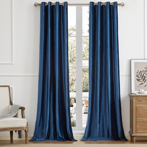 Navy Blue Decorative Velvet Curtains: 102 inch Dark Blue Elegant Living Room Curtain - Blackout Modern Thermal Insulated Soundproof Privacy Room Darkening Floor to Ceiling Drapes for Bedroom Set of 2