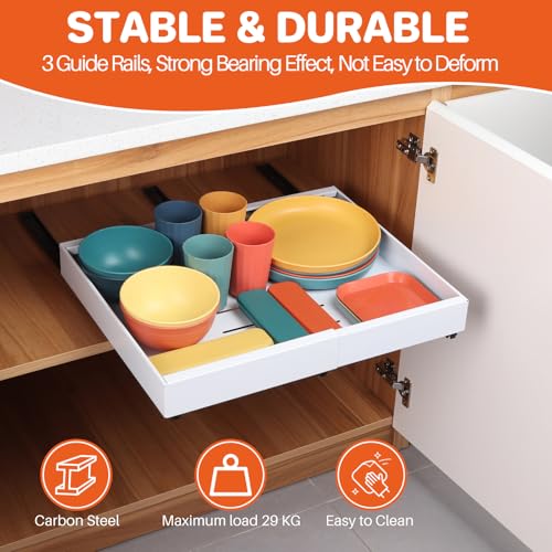 FUNYKICH Pull Out Cabinet Organiser, 32-52 cm Extendable Slide Out Drawers for Kitchen Cabinets, Depth 42 cm, Adhesive-Fixed Design and Screw Mounting, Silent Slide, Pull Out Kitchen Storage, 1 PACK - Image 3