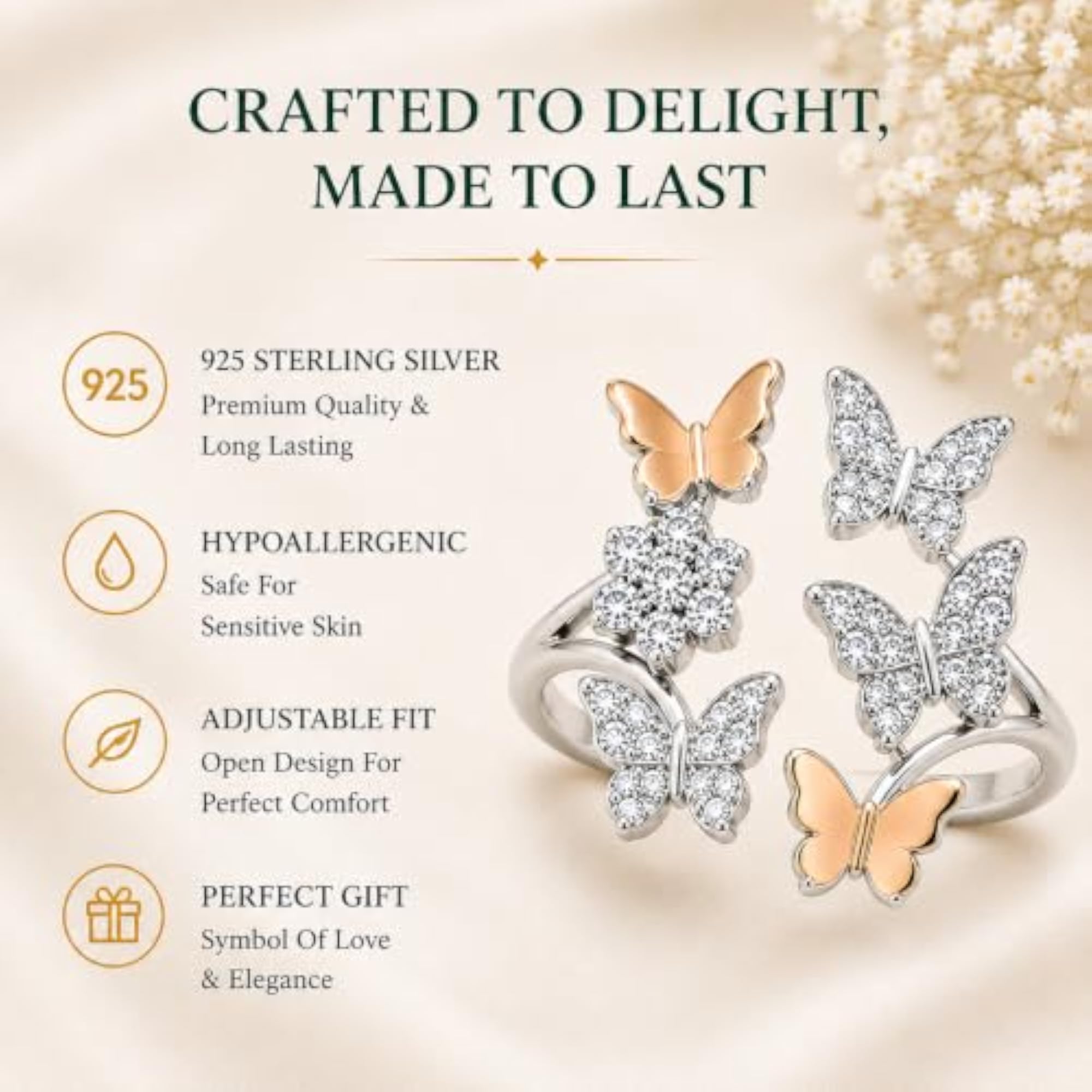 Women's 925 Sterling Silver Adjustable Butterfly & Floral Ring