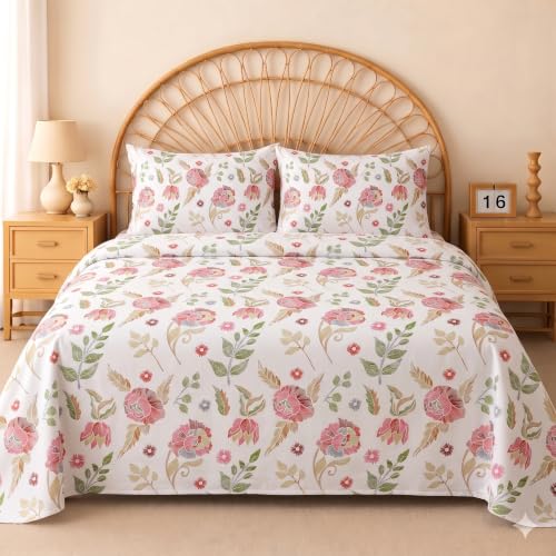 Image of IVAZA 240 TC Soft Ezyption Cotton Floral Print King Size Bedsheet - with 2 Pillow Covers, Hypoallergenic, Brethable, (Size- 90 x 90 Inch) White Green