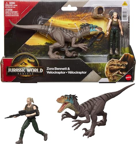 Mattel Jurassic World Rebirth - Paquete de figuras humanas y dinosaurios, Zora Bennett y Velociraptor, escala precisa de 3.75 pulgadas, coleccionable