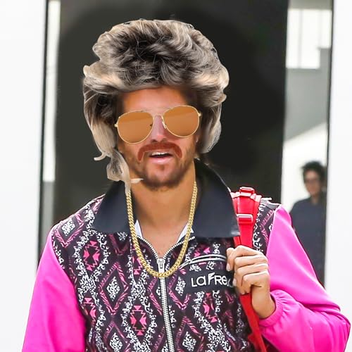 Fonyet Perruque mulet homme annee 70 80 deguisement disco homme avec moustache, collier, bague et lunettes de soleil pour cosplay, Halloween, fêtes costumées, etc – vue 5