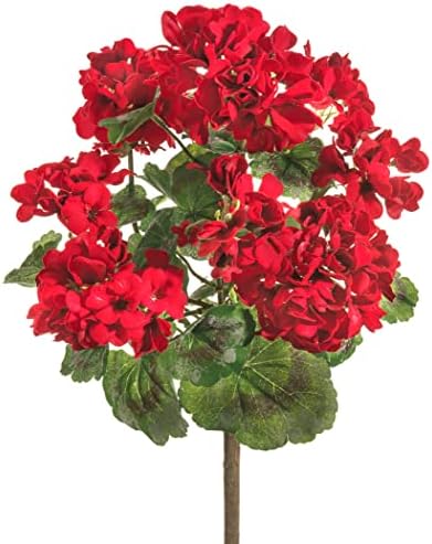 TenWaterloo 18 Inch Geranium Bush Red, UV Protected Artificial Flowers, Indoor and Outdoor Use, Artificial Geranium Flowers