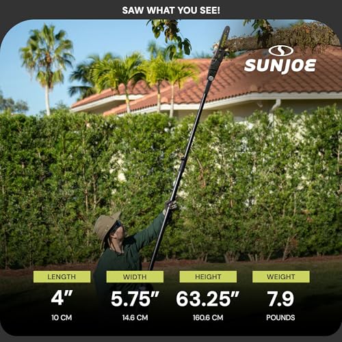 Image of Sun Joe Corded Electric Telescoping Pole Saw, Pruning Power Tool with 10 Inch Bar, 8 Amp Power with 14 Foot Reach for Ground-Level Tree Trimming.