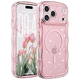 FABSPARK Case for iPhone 17 Pro,Compatible with MagSafe,Magnetic Clear Curly Wavy Frame Wave Case with Sparkly Bling Glitter,Transparent Acrylic Hard PC for iPhone 17 Pro,Glitter Clear Pink