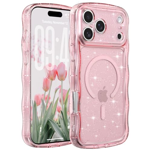 FABSPARK Case for iPhone 17 Pro,Compatible with MagSafe,Magnetic Clear Curly Wavy Frame Wave Case with Sparkly Bling Glitter,Transparent Acrylic Hard PC for iPhone 17 Pro,Glitter Clear Pink