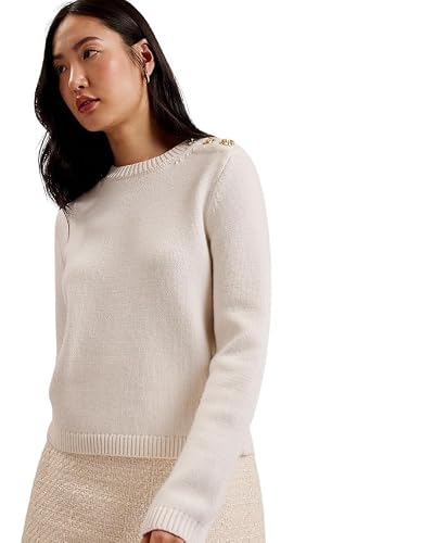 Ted Baker Womens Wmk-janha-Rose Button Crew Neck Long Sleeve Sweater, Ivory, 14 UK