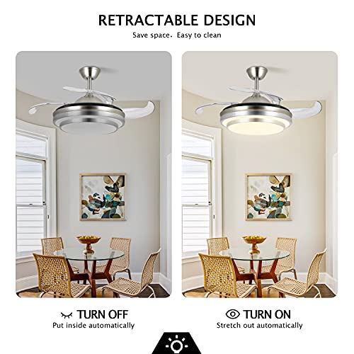 Obcgt 36" Retractable Ceiling Fan With Lights And Remote, Smart Ceiling Fan With Dimmable Led Lighting Fixture, Modern Led Fandelier Ceiling Fan Indoor For Kitchen, Bedroom, Living Room, Dining Room #TOP1