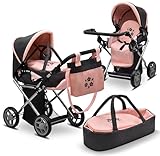 Baby Doll Convertible Pram Stroller with Removable Travel Bassinet Carrier for Kids Adjustable Handle Buggy Carriage with Canopy and Storage Basket 25 Inch Pink, Black