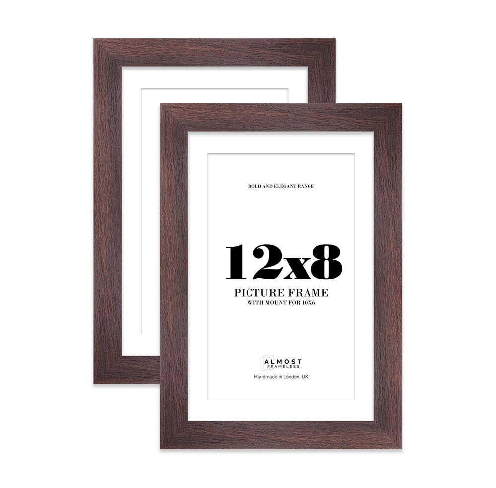 12x8 Walnut Frame With Mount for 10x6 Pictures 28mm Edge Portrait and Landscape Display with Wall Hooks and Kickstand, 2 Pack