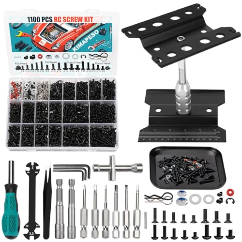 RC Car Repair Work Stand, 1100pcs RC Screw Kit and Vehicle Scale Accessories for Traxxas Axial Redcat Arrma HPI HSP SCX10 RC4WD 1/8 1/10 1/12 1/16 Scale RC Crawler Truck Buggy Car