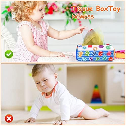 Vicloon Baby Tissue Box Toy, Soft Stuffed High Contrast Crinkle Montessori Square Sensory Toys include Colorful Scarves, Montessori Sensory Early Learning Toys for 6-24 Months Babies