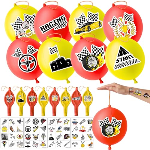 72 PCS Checkered Party Favors – 48 Pre-Cut Temporary Tattoos & 24 Checkered Punch Balloons Themed Birthday Party Decorations Supplies Favors Gifts Goodie Bag Fillers Classroom Rewards for Boys Girls
