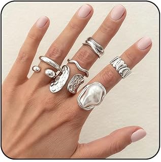 Chunky Silver Statement Rings Set for Women - Adjustable Thick Stacking Rings with Irregular Gemstone Design