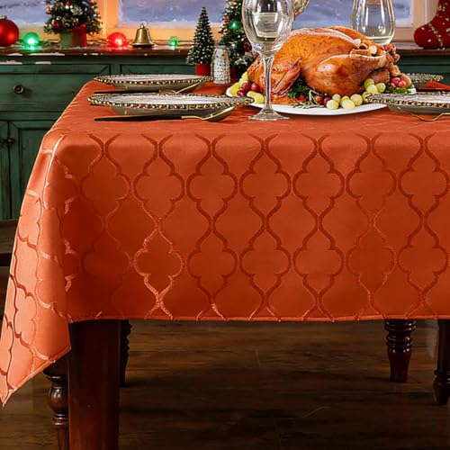 SASTYBALE Rust Christmas Damask Tablecloth 52'x70' Rectangle - Water Resistant Wrinkle Free Polyester for Holiday Dining & Kitchen Tabletop (4-6 Seats)