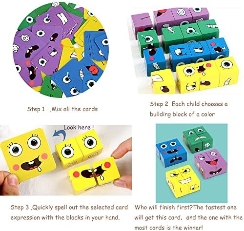 Wooden Expressions Matching Block Puzzles Cute Face-Changing Cube Building Blocks with Bell Parent-Child Board Games for Kids 3+ Years 16 Wooden Puzzles and 64 Cards (Face-Changing Rubik's Cube) 4 51FbGEkAwSL. AC