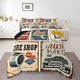 Vintage Car Signs Comforter Set For Boys, Automobile Pattern Down Comforter, Repair Vehicle Garage Bedding Set Full Size For Kids Girls Teens, Classics Servicing Duvet Insert Bedroom Decor
