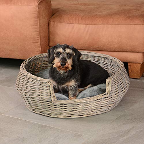 UNUS Hundebett Haustierkorb rund grau/weiß Washed mit Kissen groß Ø65