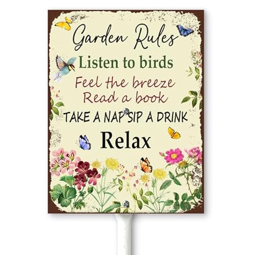 Horienteeon Retro Garden Rules - Cartello da giardino con paletti, 20 x 30 cm, in alluminio robusto, antiruggine, divertente cartello da giardino in metallo, decorazione vintage da giardino, regali da