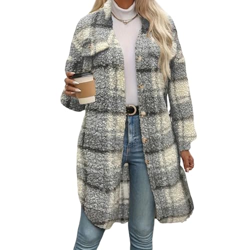 Image of KGKQHKQ Women Plaid Jacket 2025 Faux Fur Fleece Teddy Coat Lapel Button Down Shacket Warm Long Fuzzy Peacoat with Pockets