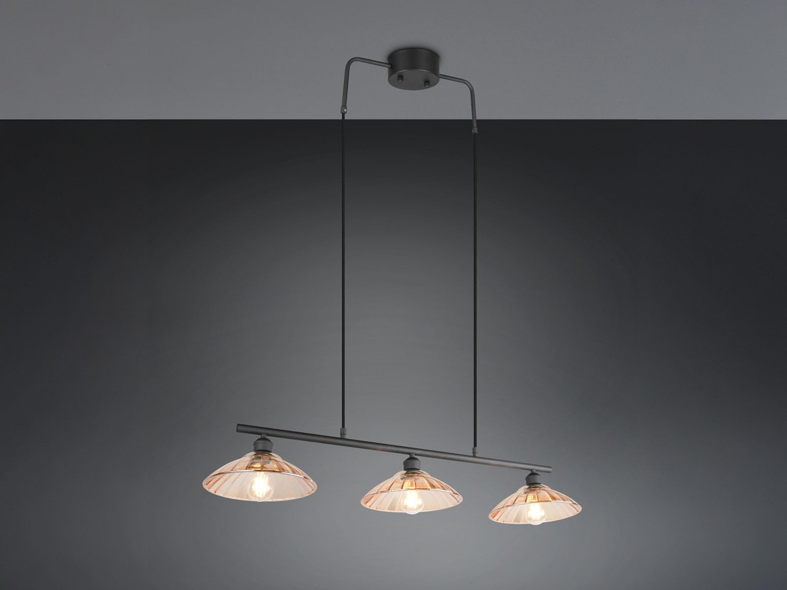meineWunschleuchte Lampa wisząca 3-punktowa czarna, szklane abażury bursztyn, szerokość 100 cm