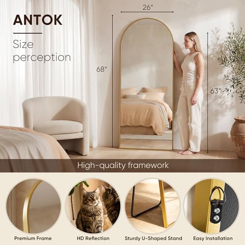 Image of Antok 68 inch x26 inch Arched Full Length Floor Mirror, Gold Aluminum Frame, Free Standing /Wall Mount /Leaning for Bedroom, Living Room, Dressing Room