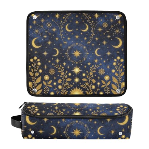 Bolsa organizadora de viaje para herramientas de cabello con tapete resistente al calor, ideal para planchas, rizadores y secadores pequeños. Diseño celestial azul marino con luna y estrellas para mujeres. miniatura 3