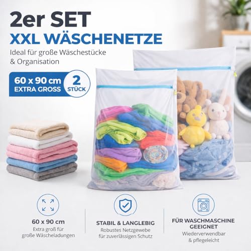 2x XXL Premium Wäschenetz 60x90 cm Set Groß - Netz für Waschmaschine- Wäschesack in verschiedenen Größen - Waschsack & Wäschebeutel mit Reißverschluss