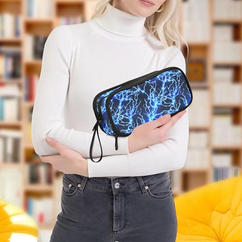Image of Pencil Case Large Pen Bag with Zipper Cool Blue Lightning