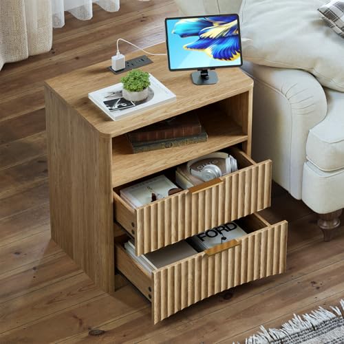 Image of Evermagin Fluted Nightstand Set of 2 with Charging Station, Natural Oak Bedside Table with 2 Drawers, Wood End Table with Storage Mid Century Modern, Large Night Stand for Bedroom