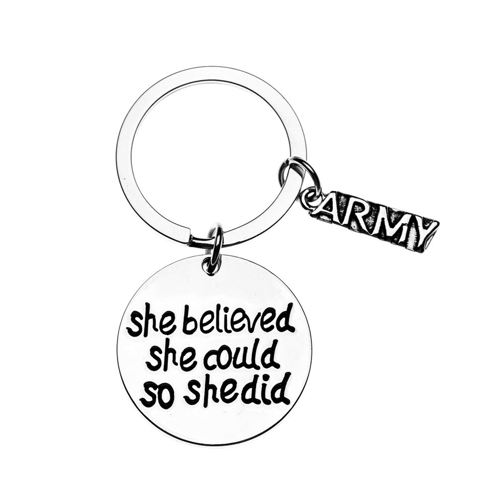 US Army She Believed She Could So She Did Keychain, Inspirational Military Key Rings Gift for Army Daughter, Wife, Mom, Sister or Niece