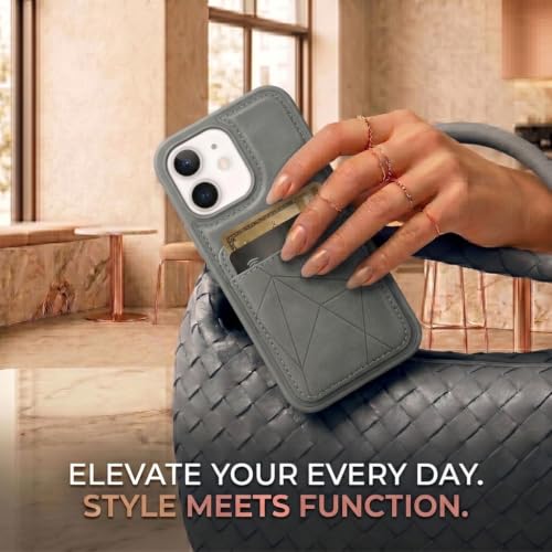 Image of amazon basics Premium Vegan Leather Back Cover with Card Holder and Integrated Mobile Stand for iPhone 11 - Slim Shockproof Wallet Case with Geometric Stitching [Gray]