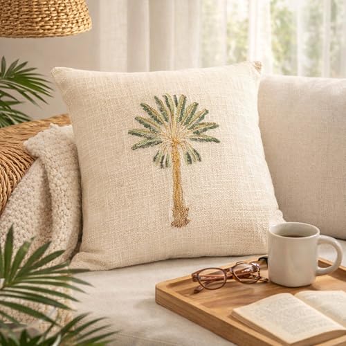 Image of Premium Palm Tree Cotton Jute Square 16x16 Inch Cushion Cover 40x40 cm Throw Pillow Cover for Living Room Couch Diwan Sofa, Beige (Set of 1)