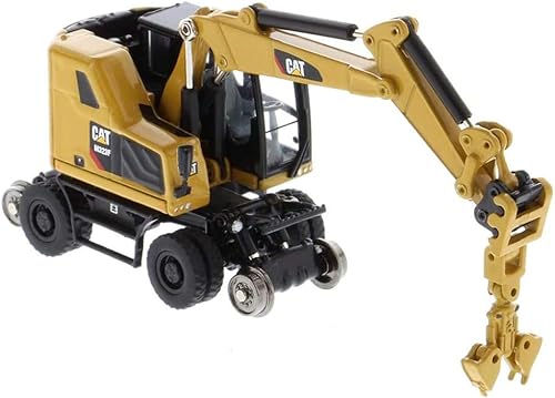 Miniatura 3 de Diecast Masters 1/87 Caterpillar M323F Excavadora con ruedas de ferrocarril, versión amarilla CAT con 3 herramientas, serie de línea alta de escala
