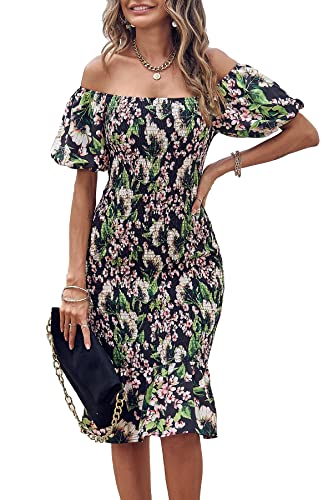 PRETTYGARDEN Summer Floral Bodycon Midi Dresses 2026 Puff Sleeve Mermaid Cocktail Baby Shower Photoshoot Maternity Dress, Floral Black Green Red, XX-Large