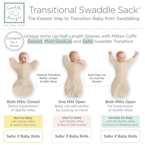 Image of SwaddleDesigns Transitional Swaddle Sack, Arms Up Half-Length Sleeve & Mitten, Most Gradual Transition Swaddle for Newborn