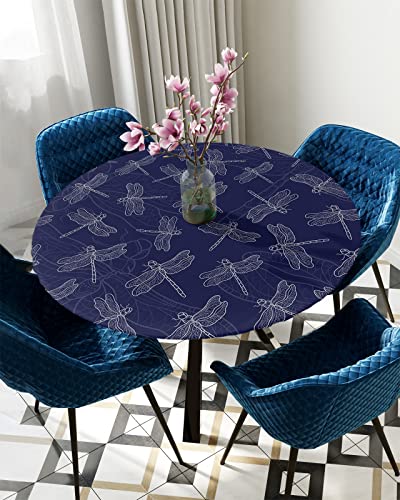 Navy Blue Dragonfly Round Tablecloth, Fitted Table Cover With Elastic For 45"-54" Round Tables, Modern White Lines Abstract Art Table Cloth Outdoor Indoor Dinning Party Waterproof Tablecloths #TOP4
