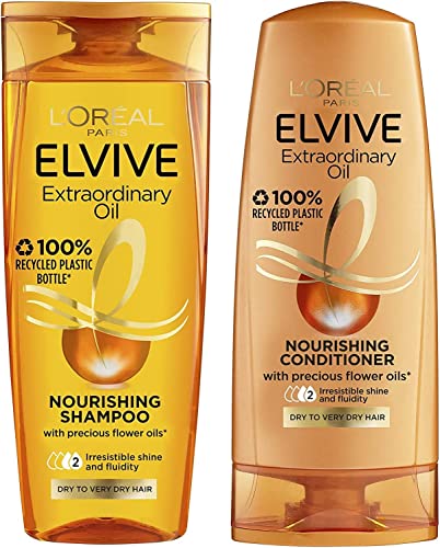 L'Oreal Elvive Extraordinary Oil Nourishing Shampoo & Conditioner Set for Dry to Very Dry Hair, 400ml bottle of each, Irresistible Shine & Fluidity