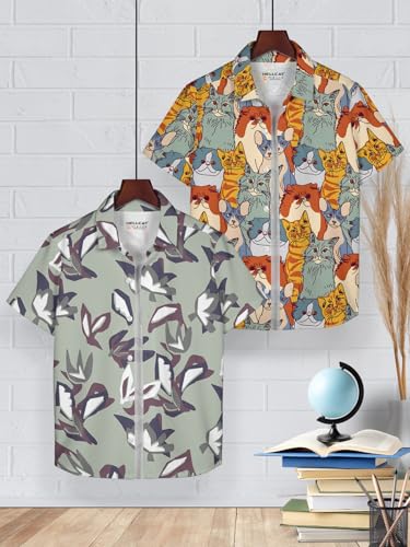 Image of HELLCAT White, Dark Blue Trendy Regular Fit Printed Causal Shirt for Boys - Pack of 2