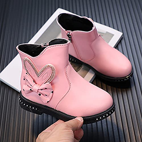 Winter Snow Boots Girls Ankle Boots Low Heel Flat Bottom Non Slip Bowknot Side Zipper Plush Warm Comfortable Booties (Pink, 5-5.5 Years Little Child)4