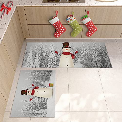 Queener Home Winter Christmas Tree and Snowman Kitchen Rugs and Mats Set of 2, Washable Floor Doormat Comfort Area Runner Rug Non-Slip Rubber Backing for Indoor Cartoon Pattern